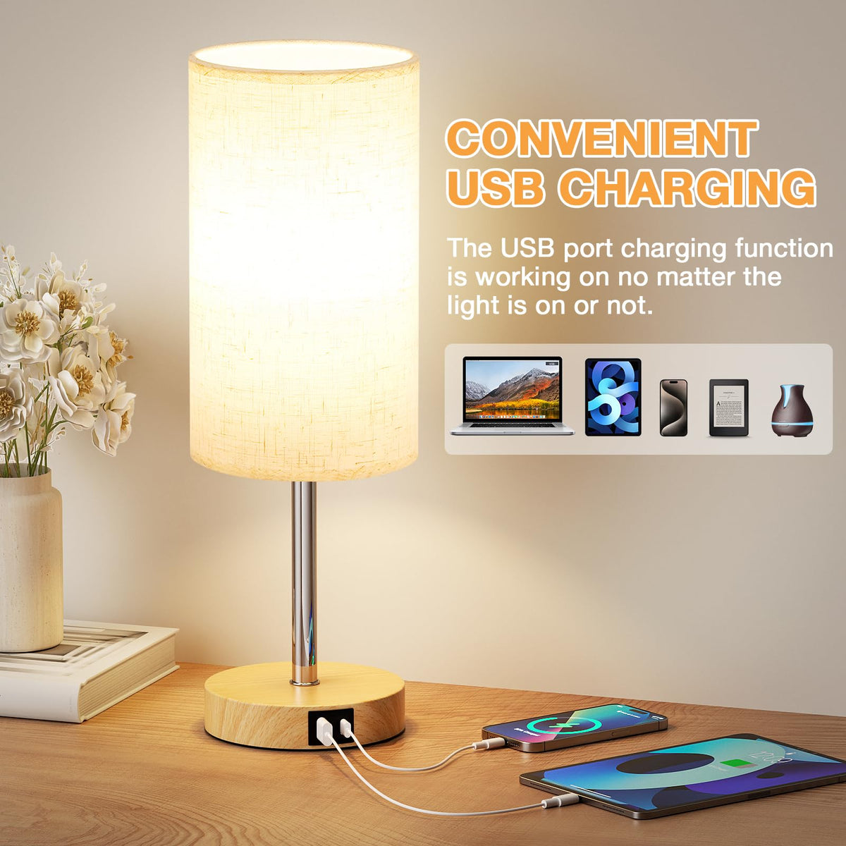 Aooshine Grey Table Lamp, 3-Way Dimmable, USB A + C Charging