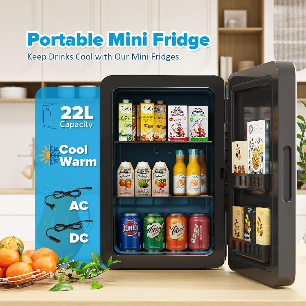 Mini Fridge 22L/30 Cans, Cooler & Warmer for Bedroom, AC & 12V DC