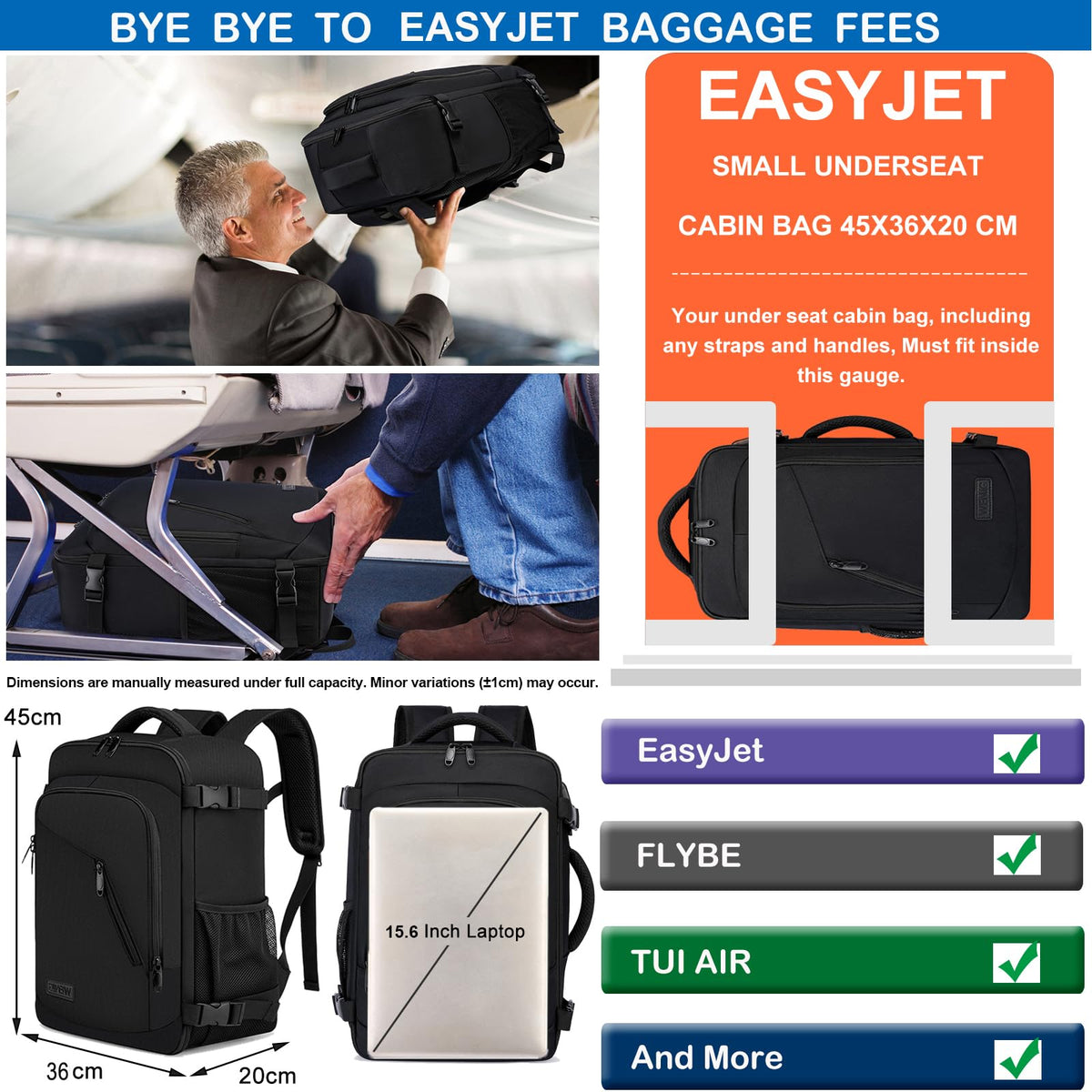 Ryanair Cabin Bags 40x30x20 Underseat 24L Small Travel Backpack Cabin Size