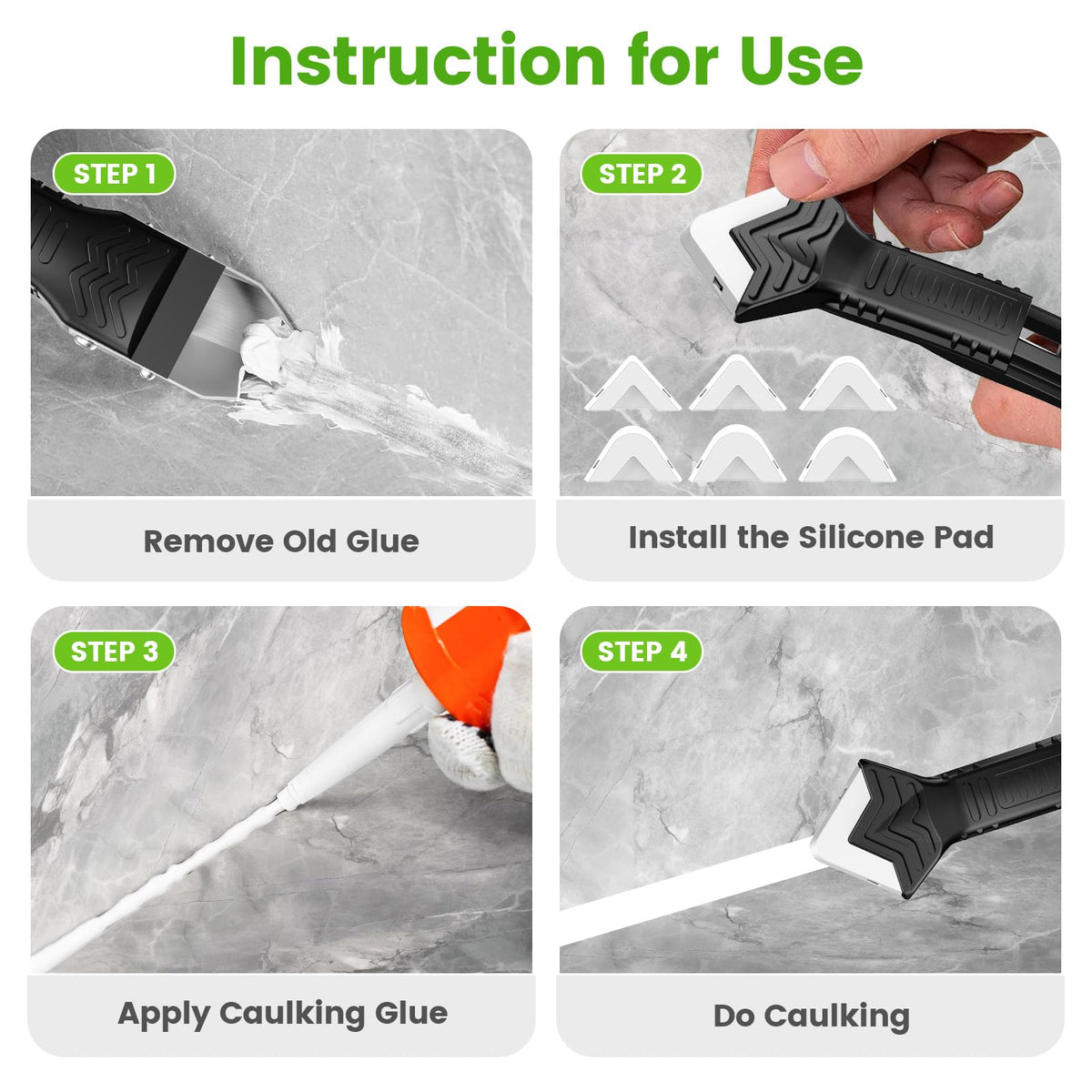 Caulking Tool 5 in 1 Silicone Caulking Grout Removal Sealant Finishing Tool with Grout Scraper, 6 Exchange Silicone Pads, Adhesive Residue Scraper Seam Repair Kit for Kitchen Bathroom