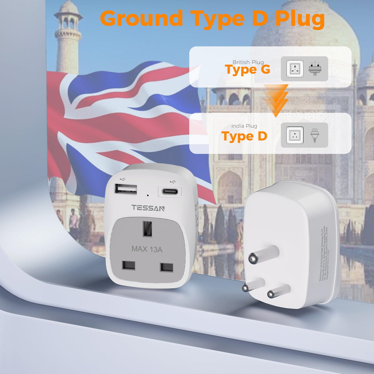 TESSAN UK to Australia Plug Adapter, Type I AU NZ Travel Adapter with USB C
