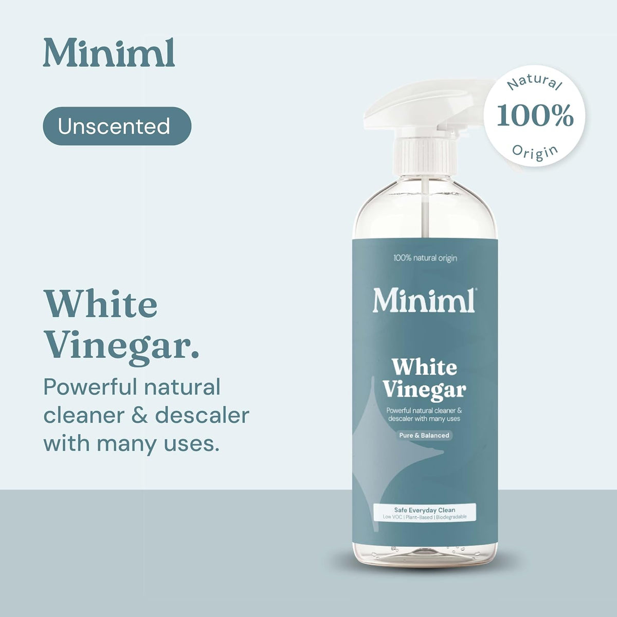Miniml Eco White Vinegar Cleaning Unscented 750ml - All Natural Multi-Surface & Multi-Purpose Cleaner, Limescale Remover, Laundry Softener & More - 100% Vegan & Cruelty Free