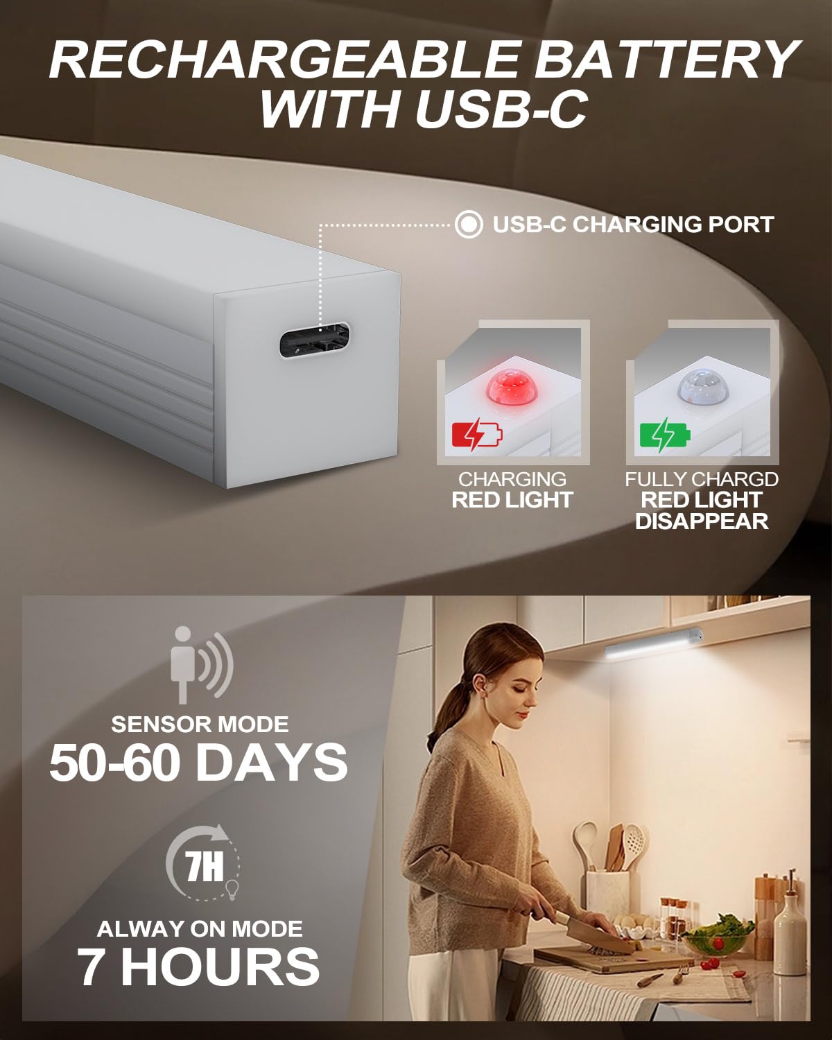 Under Cabinet Kitchen Lights 4 Pack, 4 Modes, USB Motion Sensor Cupboard Light, USB Type-C, Stepless Dimming, with Magnetic Sticker, for Kitchen Wardrobe Bedroom Stairs (Cold White)
