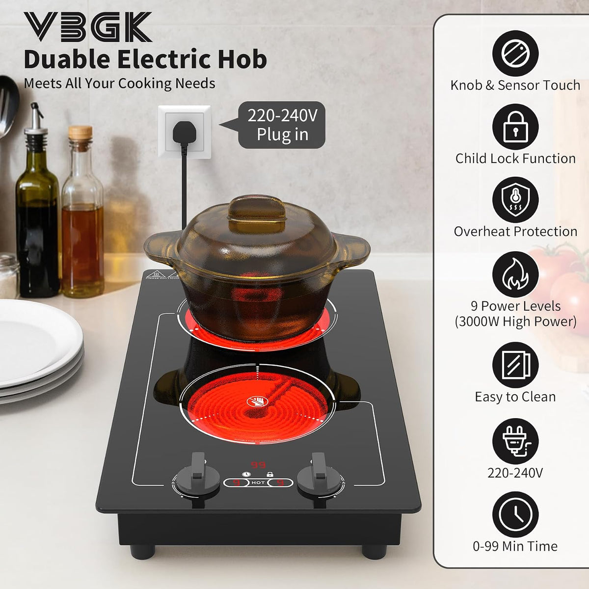 VBGK 2 Ring Electric Hob with Knob, 220V 3000W Double Ceramic Hob, 9 Power Levels, Kids Lock & Timer, Hot Surface Indicator, Overheat Protection, Knob and Touch Control Double Electric Hob