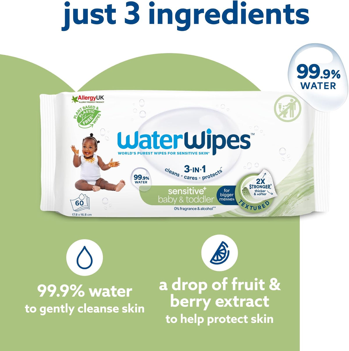 WaterWipes Sensitive+ Baby & Toddler Wipes, 99.9% Water, Unscented, 12 Pack