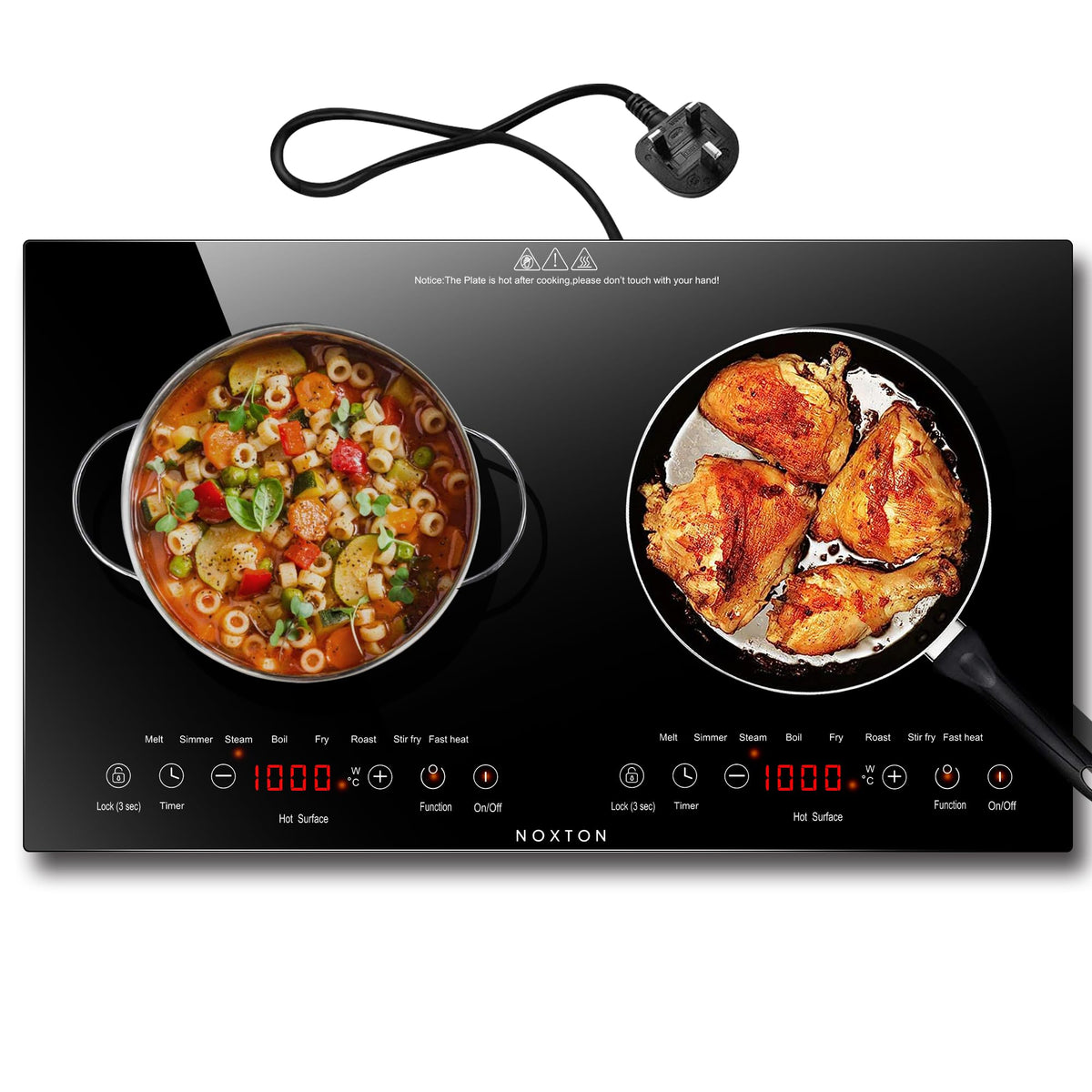 Noxton 2 Zone Ceramic Hob 30cm Electric Hob with Timer, Safe Lock, Pause Coutertop Use Hob with 13AMP Plug 2800W