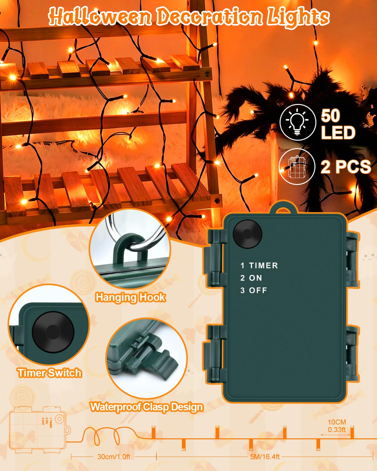 Dalugo Halloween Decoration Lights, 5M 50 LED Orange Purple White Fairy Lights with Timer, IP65 Waterproof Battery Powered Lights for Indoor Outdoor Autumn Halloween Decorations(Green Wire)