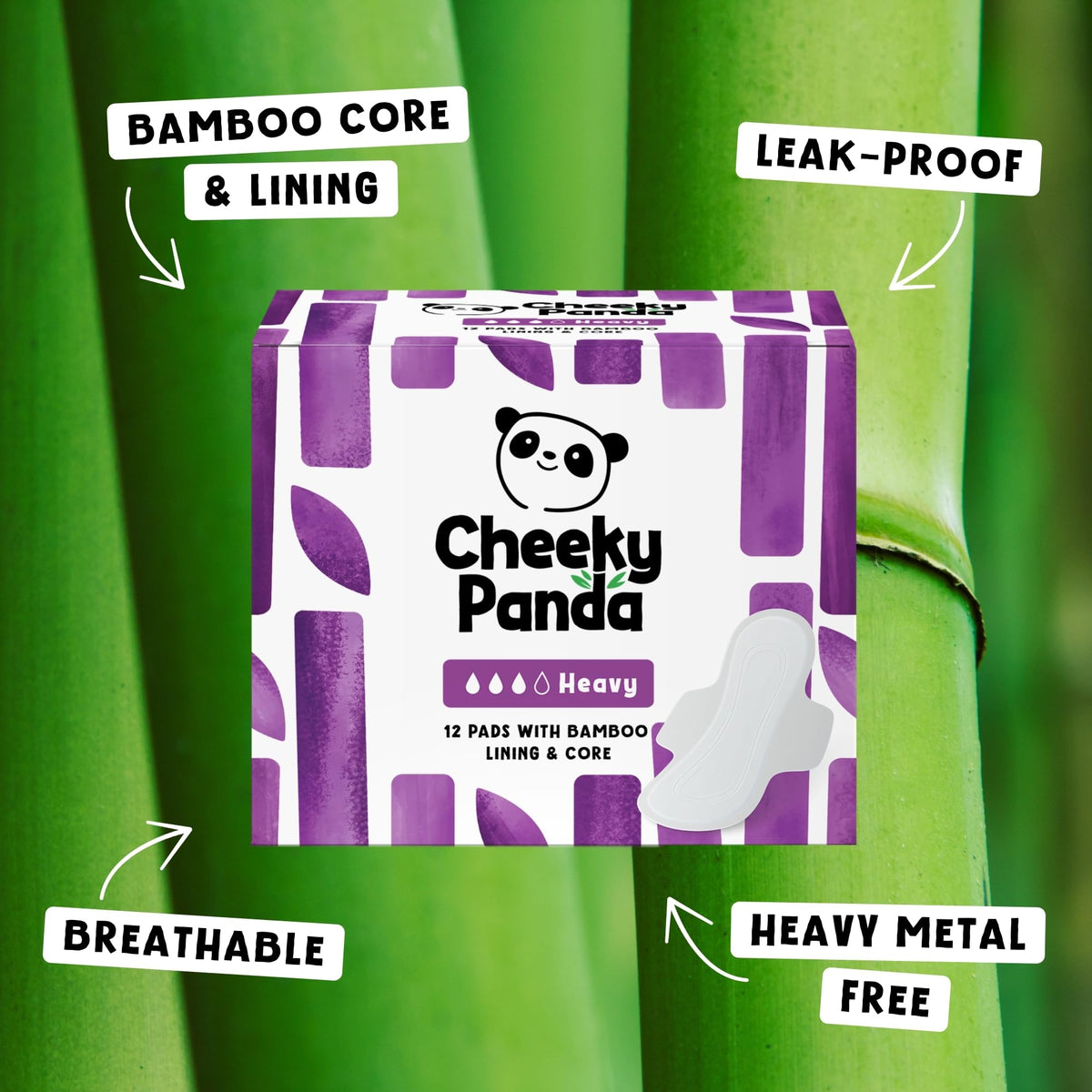 The Cheeky Panda Organic Sanitary Towels for Women – Heavy Flow – 12 Organic Pads Per Pack - with Bamboo Pads and Core