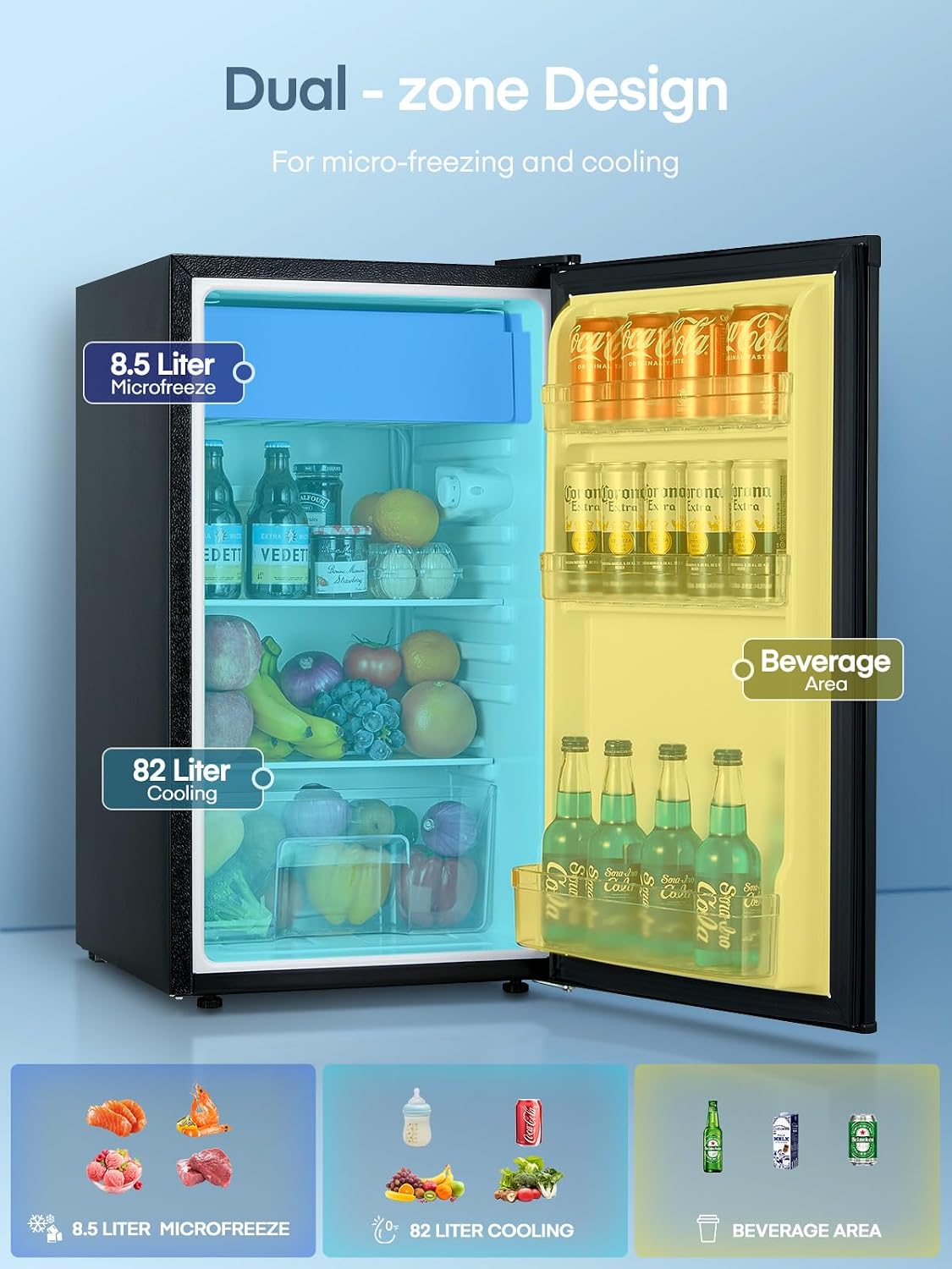 FOHERE Under Counter Fridge 90L, Freestanding Refrigerator with Chiller Box, Adjustable Thermostats & Legs, Removable Shelf, Reversible Door, Energy Efficient, Black