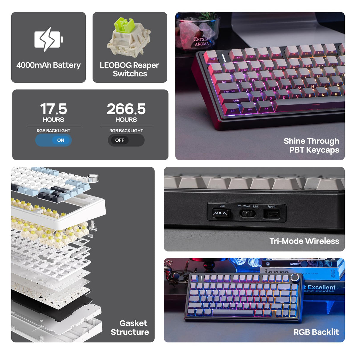 EPOMAKER AULA F75 Wireless Mechanical Gaming Keyboard, 75% Layout with Knob