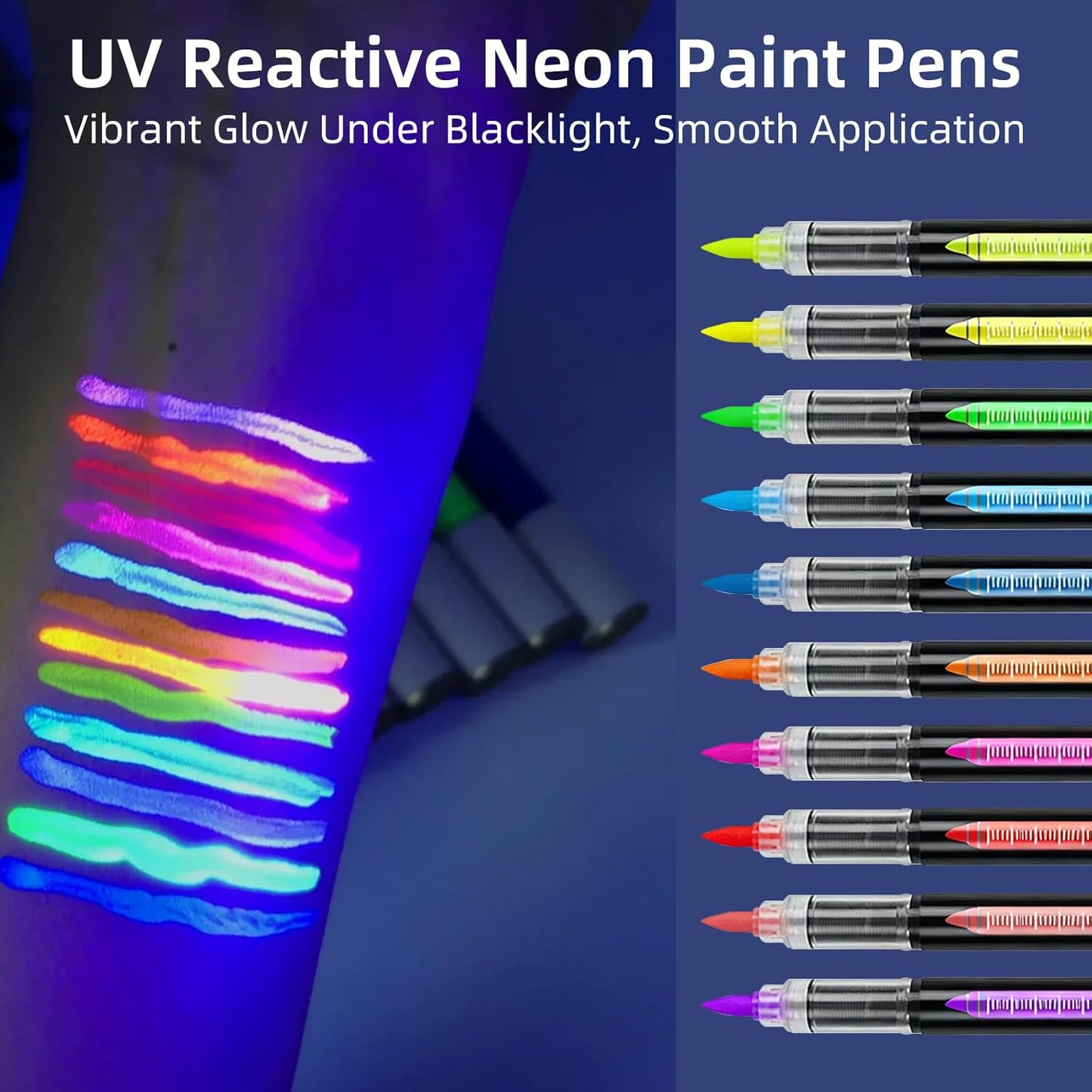Glow in The Dark Face Paint Markers, 10 UV Neon Colours, Waterproof & Sweatproof, Skin-Safe Body Temporary Tattoo Pens, Washable Tattoo Markers for Halloween, Music Festivals, Raves, Parties