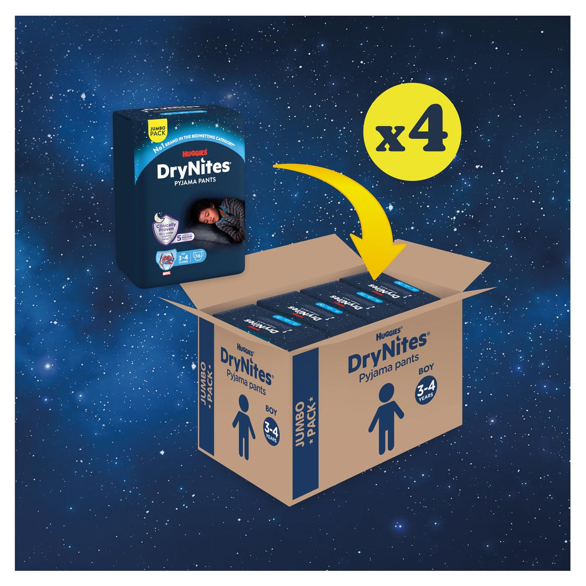 HUGGIES DryNites, Pyjama Pants, Boys 4-7 Years (17-30KG), 64 x bedwetting Pants, Up to 100% Leak Free Nights
