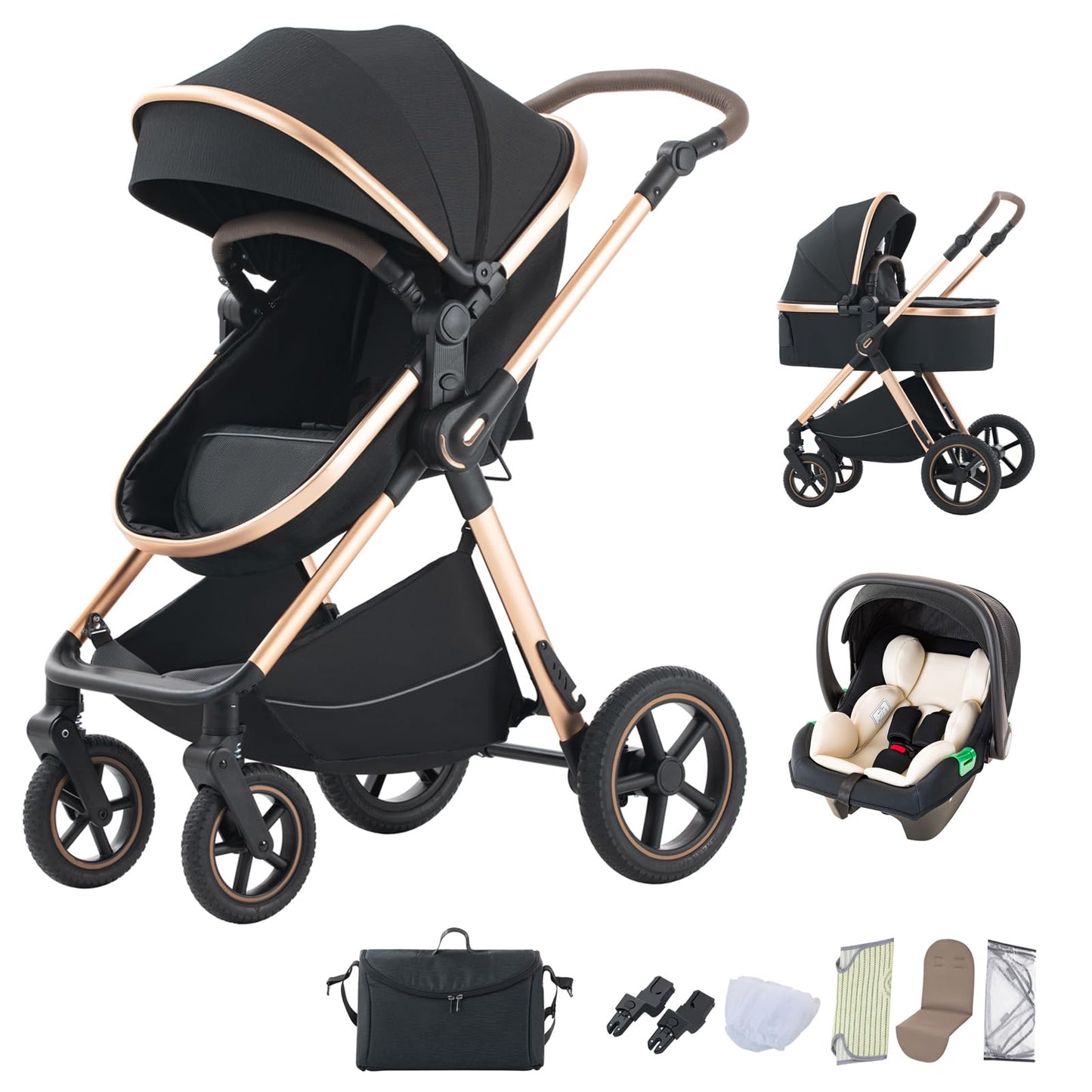 BEBBY Stroller 3-in-1 Baby 3 in 1 with Seat with Foldable Aluminium Frame, Compact Stroller with Adjustable Armrests, Combined Strollers,High Landscape Travel Pushchair (gen-H9-PINK, H9)
