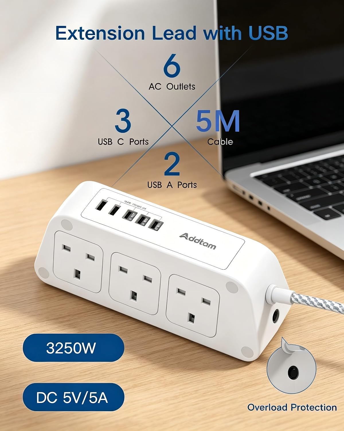 Addtam Extension Lead with USB Slots, 6 Way Outlets 5 USB(5A, 3USB- C Port)