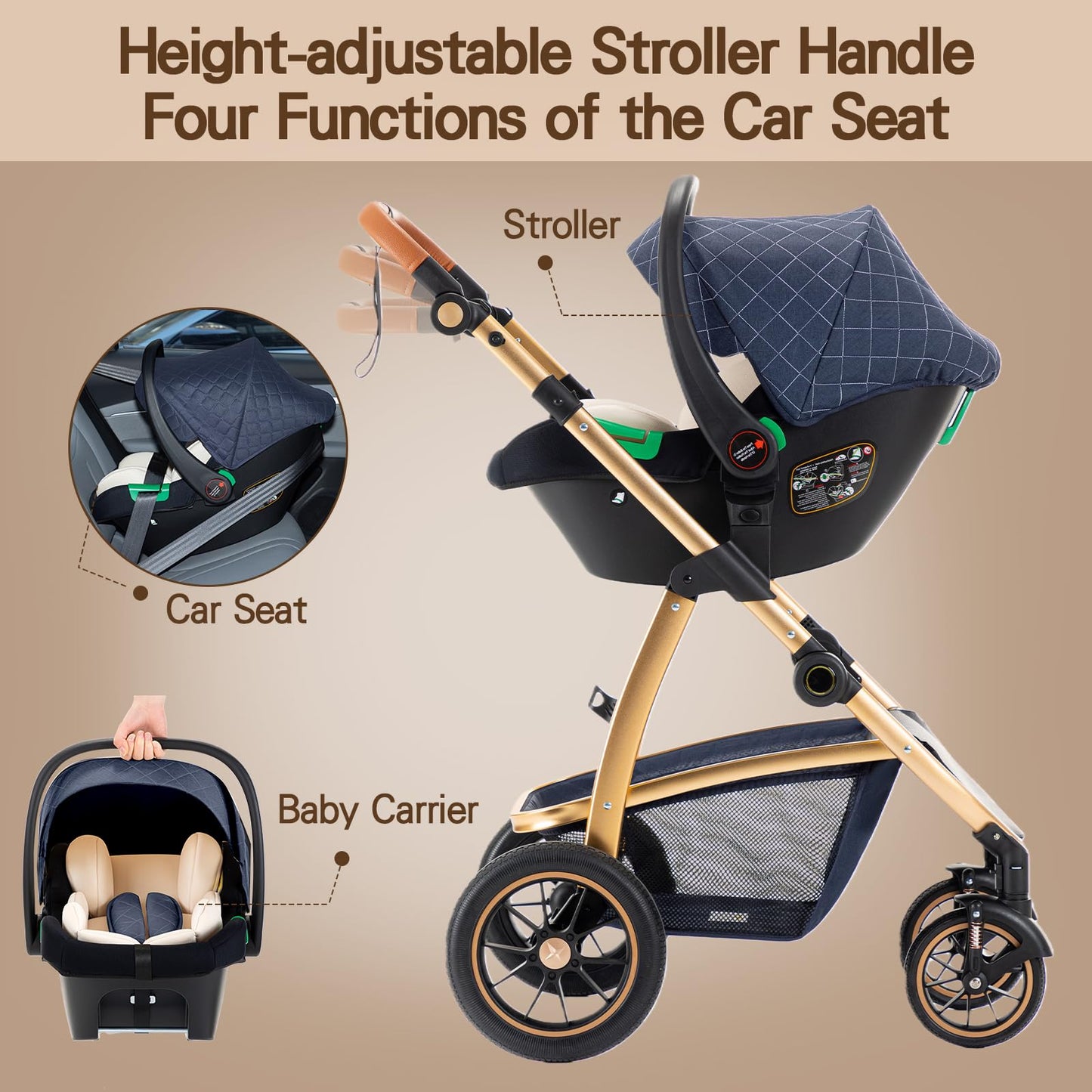Gcarebb 3 in 1 Prams Travel System, Pushchair with Height Adjustable Handle, Travel Pram with Mosquito Net, Baby Stroller with Aluminum Frame for Newborn 0-4 Years