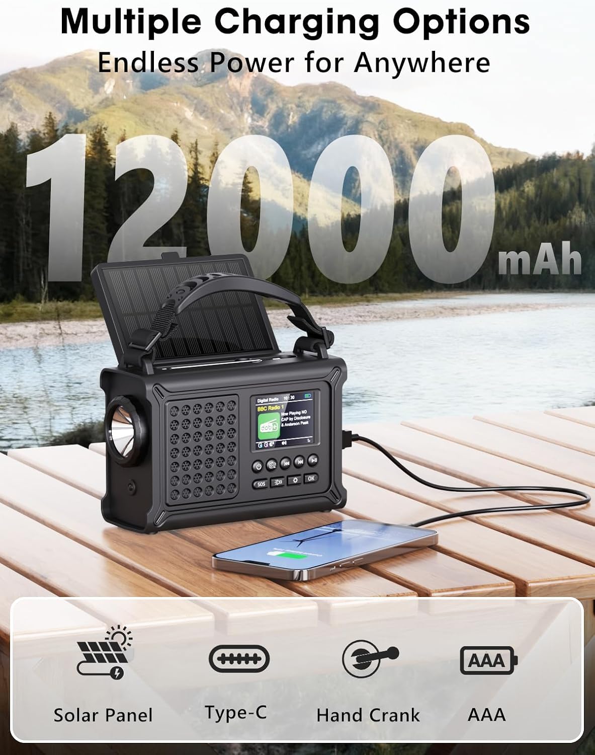 ROCAM DAB Wind Up Radio Solar Battery Torch 12000mAh Rechargeable Battery