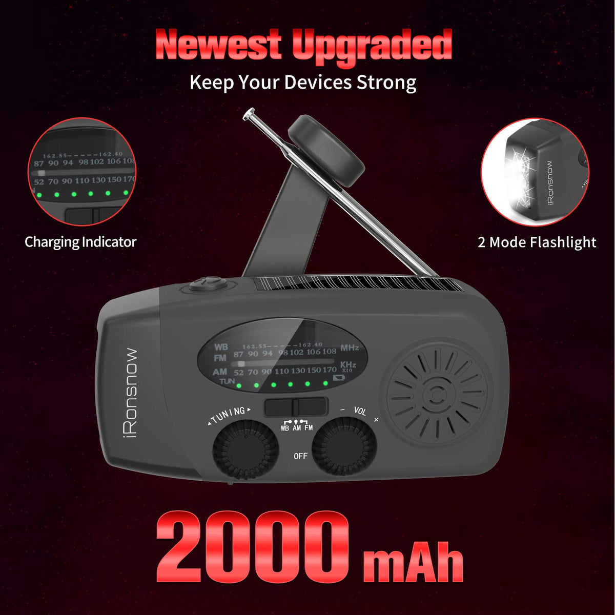 5000mAh Wind Up Solar Radio, Emergency Crank Weather Radio, FM/AM Radios