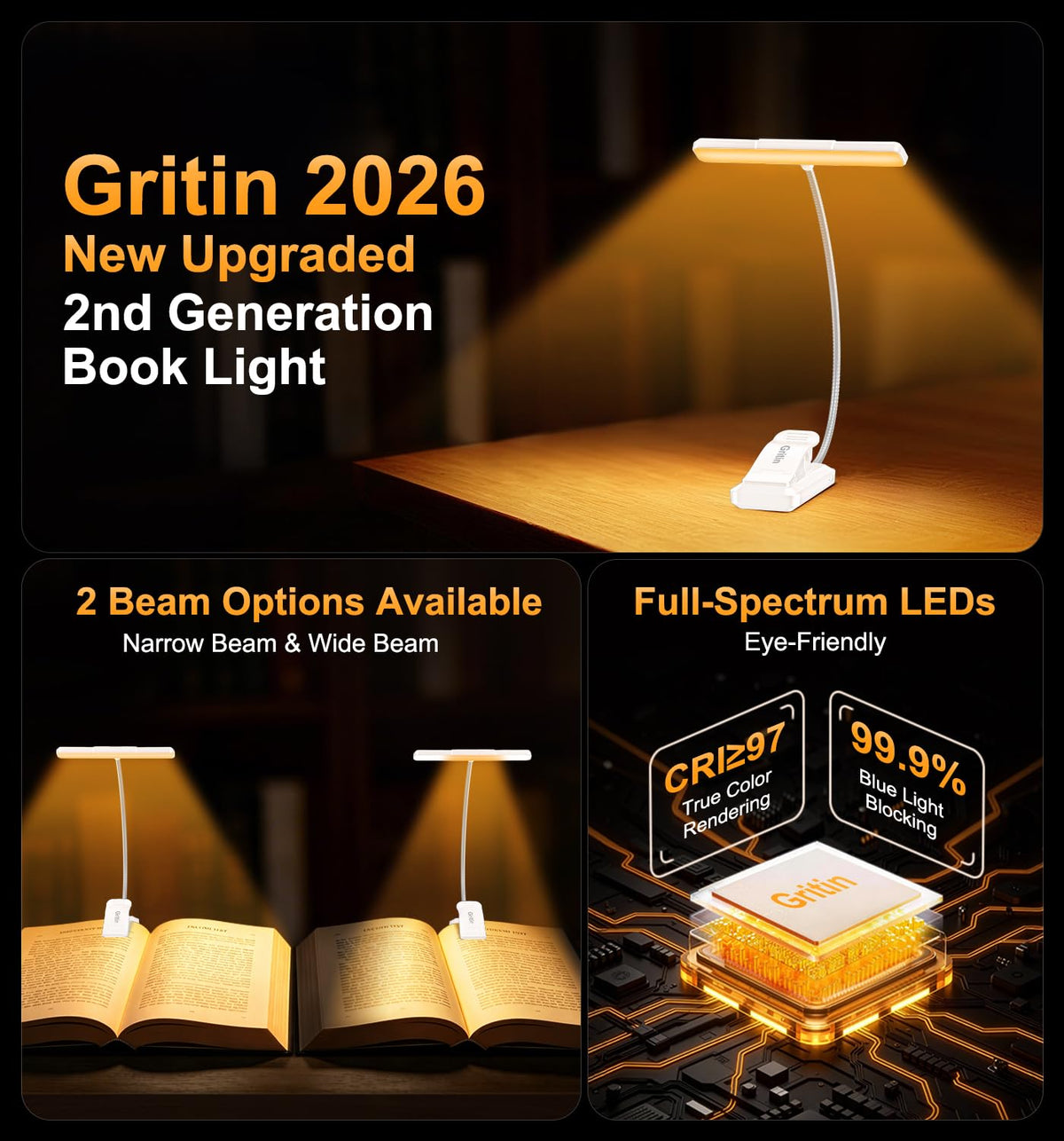 Gritin 2026 Gen 2 Book Light for Reading-32 Eye Caring Full Spectrum LED