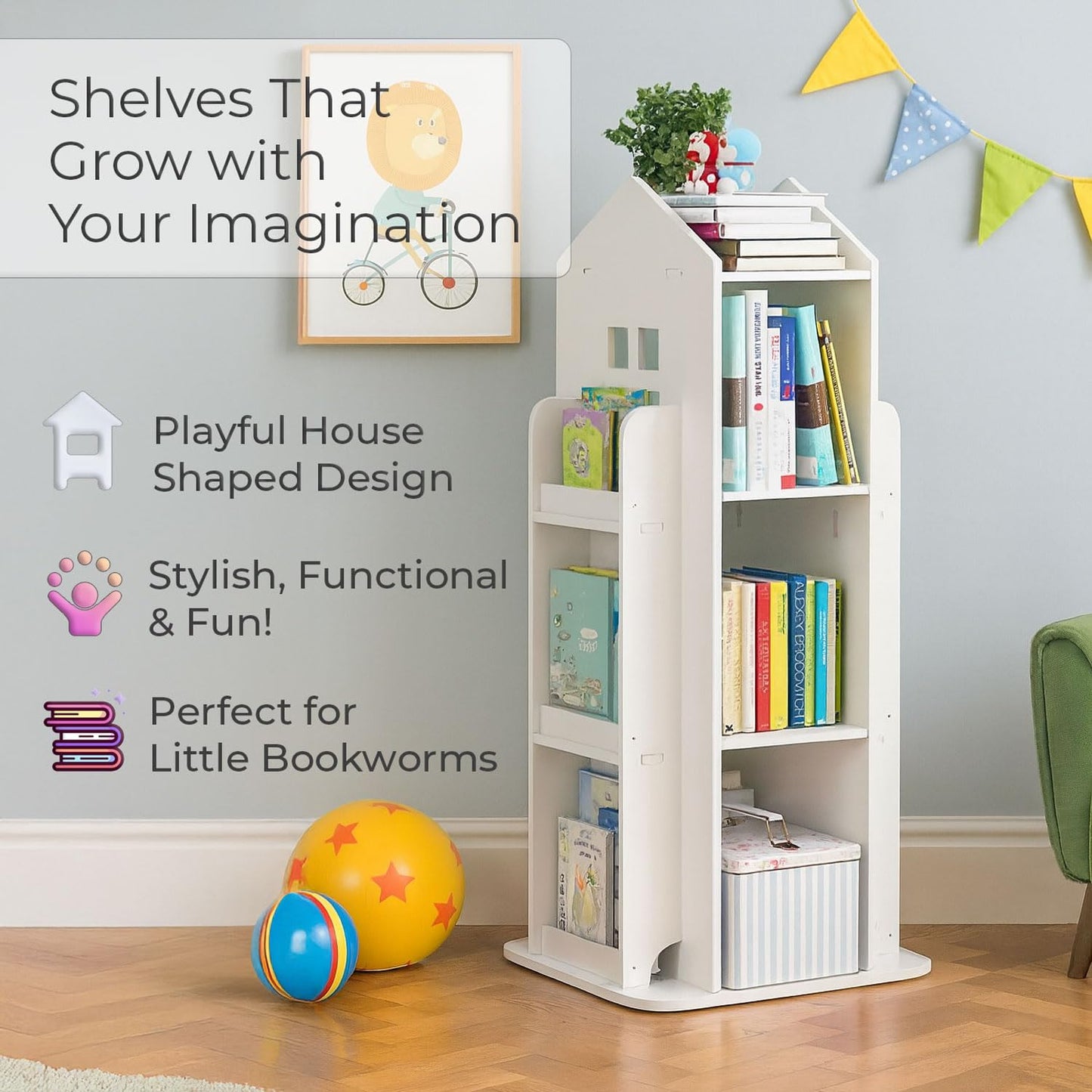 Neo House Shaped 360° Rotating Kids' Children's Freestanding Bookshelf Bookcase 10 Shelf Shelve Space‑Saving Design (White)