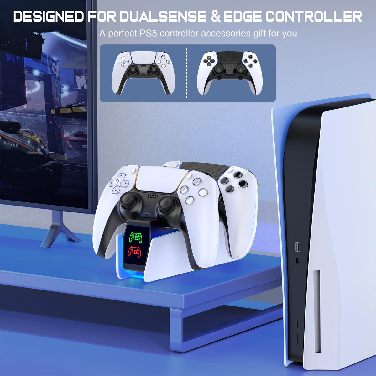 HELLCOOL PS5 Charging Charger for DualSense & Edge, Fast Charge 2 Controllers Simultaneously, Drop&Go No Alignment, LED Indicator with Touch Off, Smart Safety Protection, with 1m USB-C Cable