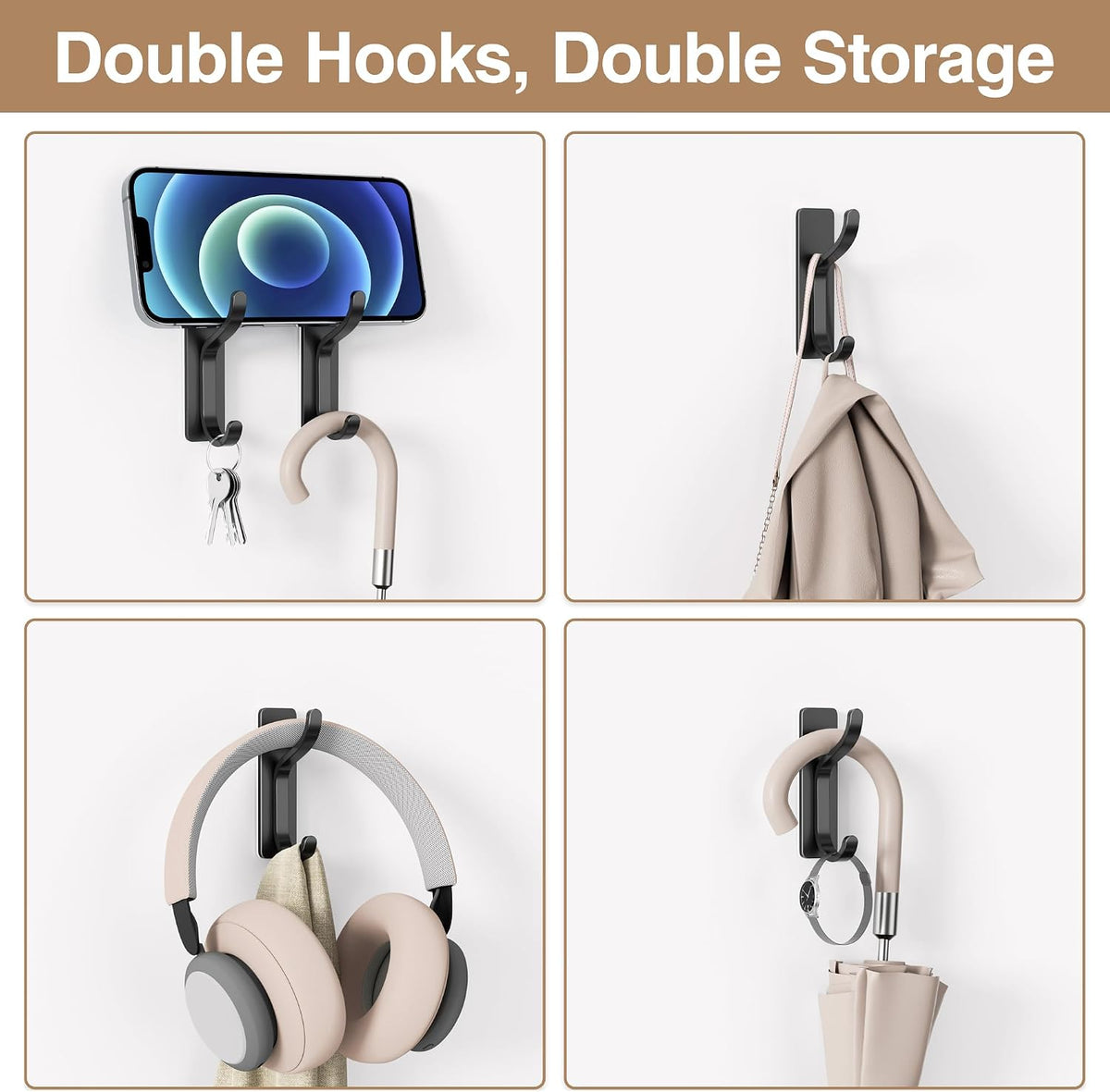 pickpiff Self Adhesive Hooks for Coat,8KG Stick-On Wall Hooks, Black 4 Pack