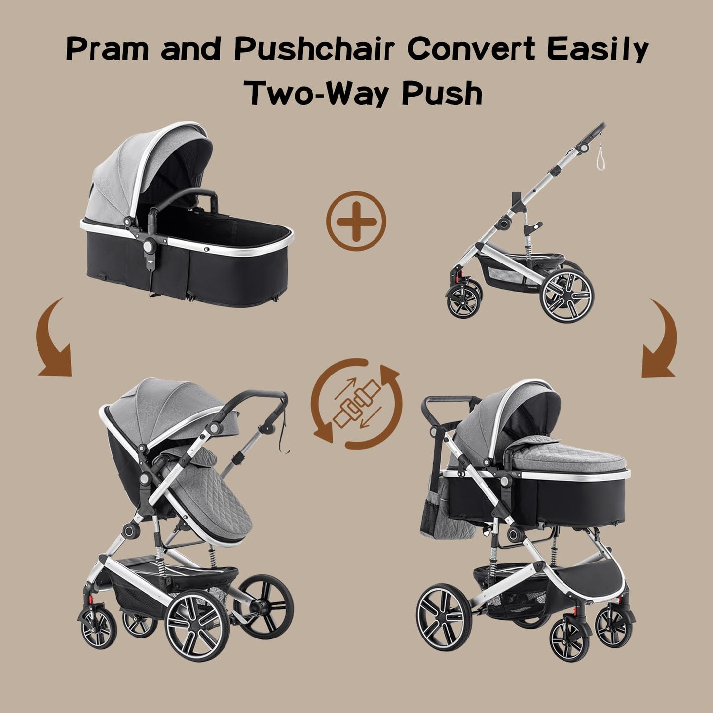 Zkipm Baby Pram 3 in 1, Foldable Baby Stroller,Pram Set Travel with Adjustable-Height Push Handle, Present Rain Cover, Mosquito Net, Bag, Cooling Mat, ect for Ages 0–3