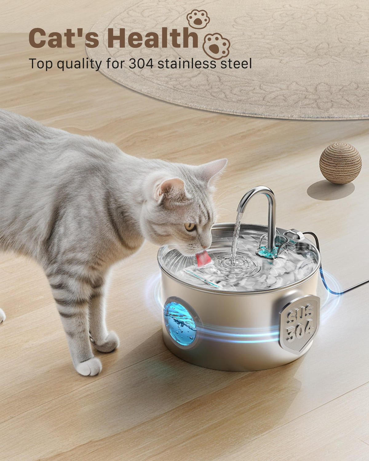 Cat Water Fountain Stainless Steel: Water Fountain Cat Bowl - 3.2L Drinking Fountains for Cats - Pet Water Dispenser - with 6 Carbon Filters + 3 Sponges