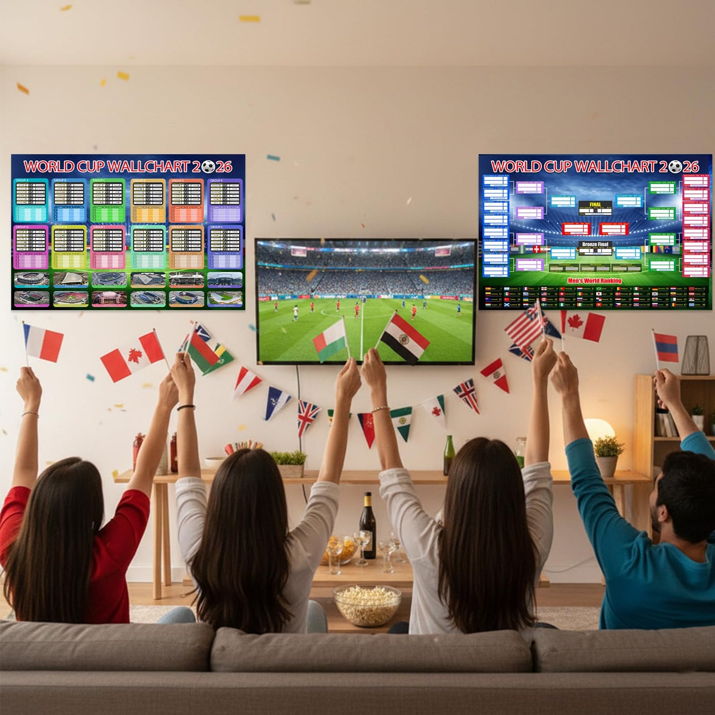 Aurblyn 11 Pcs World Cup Football 2026 Tournament Fixtures Folded Poster Handwritten Watercolour Pen World 8adhesive Backing 87x58cm For Bedroom For Men and Women Gifts for Fans (Background -4)