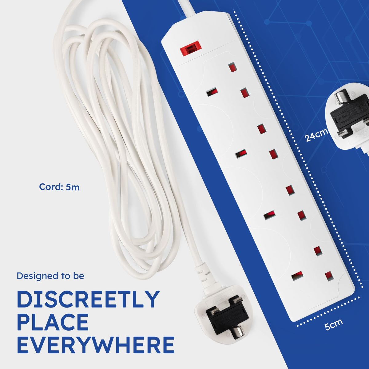 DESIRETECH Black Electric Extension Lead - 4 Gang, 1 Metre Cable with UK Plug & 3 Pin Socket - Wall Mountable & Multi Socket Mains Strip for Home, Bedroom, Kitchen, & Office (1 Pack)