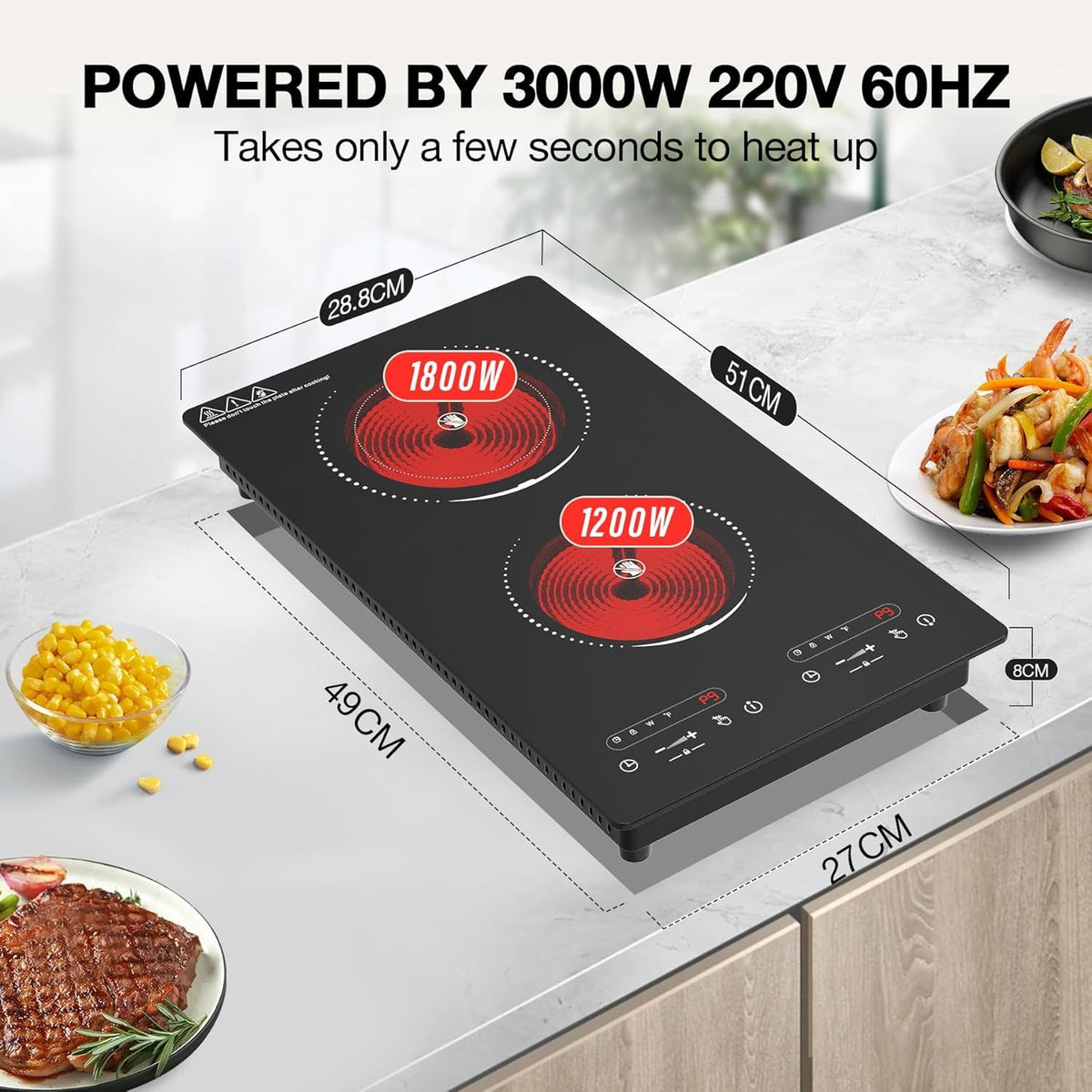 VBGK 2 Ring Electric Hob with Knob, 220V 3000W Double Ceramic Hob, 9 Power Levels, Kids Lock & Timer, Hot Surface Indicator, Overheat Protection, Knob and Touch Control Double Electric Hob