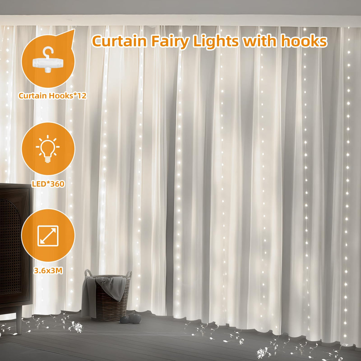 Jsdoin Curtain Fairy Lights, 3.6m x 3m 360leds USB Operated 8 Modes String Light Indoor Waterproof Hanging Window Lights with Hooks for Christmas, Wedding, Party,Wall, Home Decorations (Warm White)