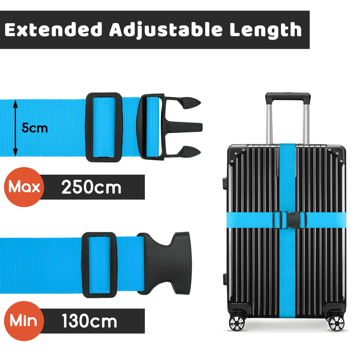 WISYOK Luggage Straps Extended, 4 Pack, 130-250cm Adjustable, Blue Orange