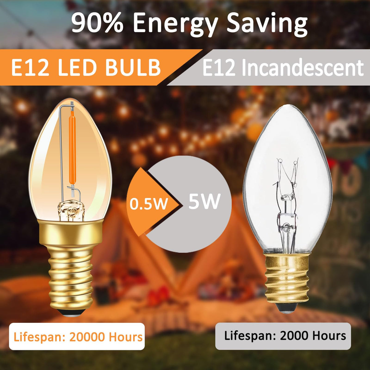 Caldarax 0.5W E14 LED Vintage Night Light Bulb, Mini C7 LED Filament Candle Bulbs Amber Warm White 2200K E14 Orange SES Small Edison Screw Salt Lamp Bulbs, 5W Equivalent, Non Dimmable, 2 Pack