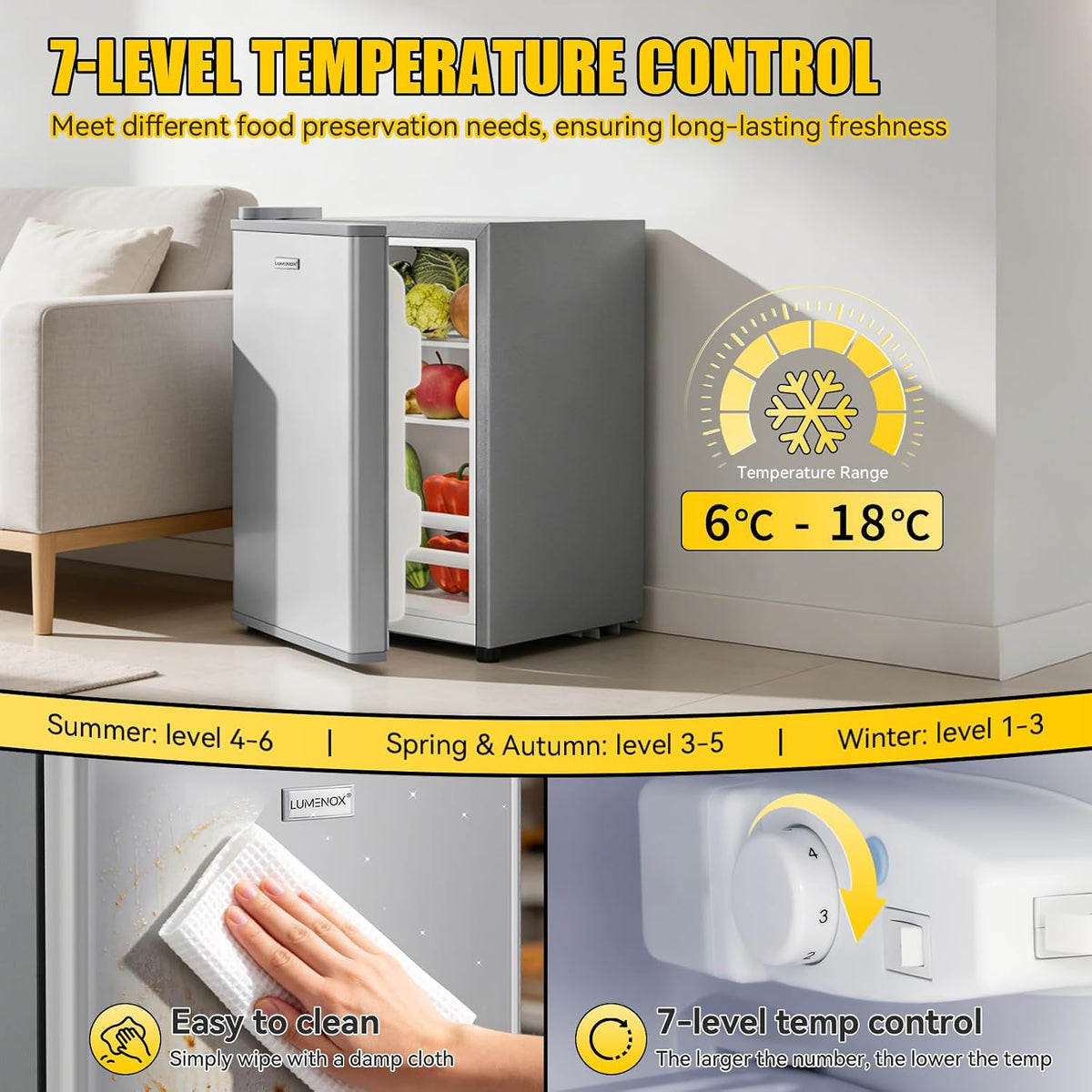 58L Table Top Mini Fridge, 7-Level Temperature Control (6 to18°C), 43dB Quiet, LED Light, for Bedroom, Office & Kitchen [Energy Class E]