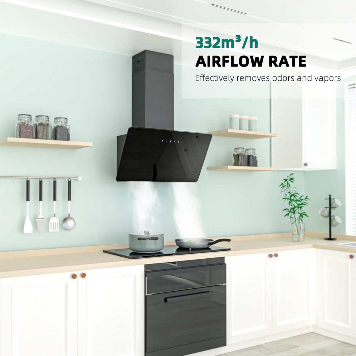 FIREGAS 60cm Angled Chimney Cooker Hood, Brushless Motor, 332m³/h, A++