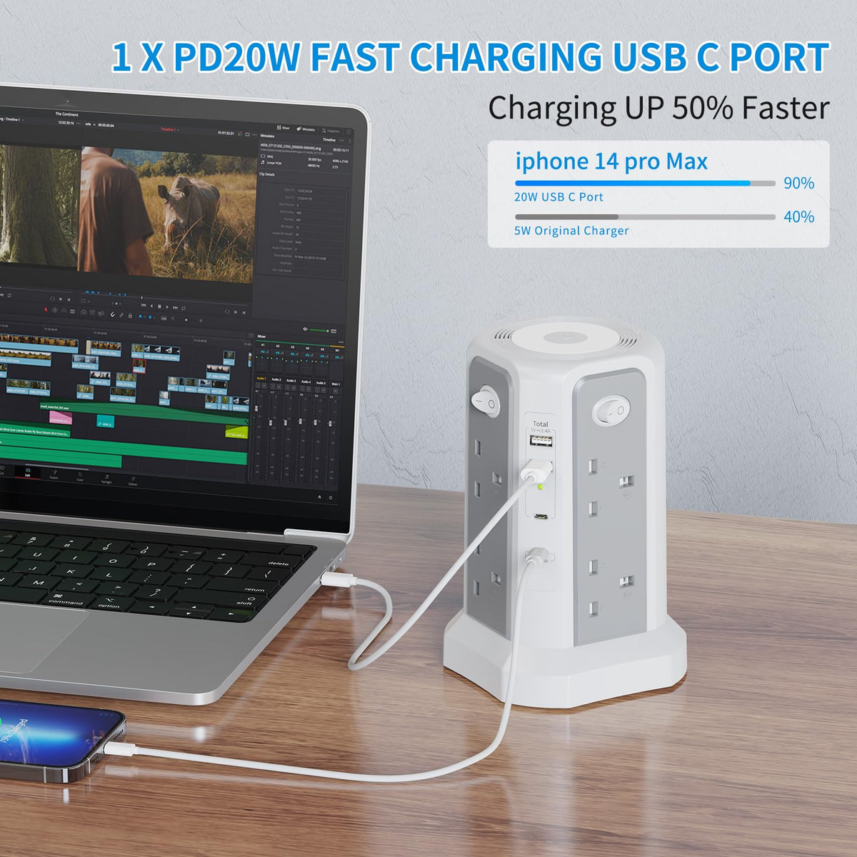 HAFINO Tower Extension Lead 3M with USB Slots and Night Light, 4 Switches