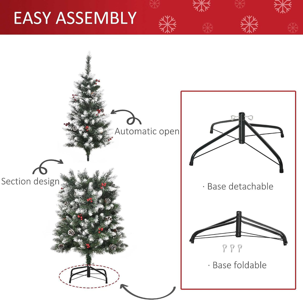 HOMCOM 5FT Artificial Christmas Tree Xmas Pencil Tree Red Berries Green