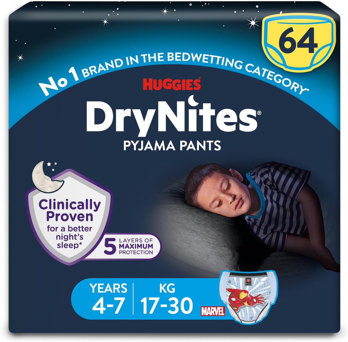 HUGGIES DryNites, Pyjama Pants, Boys 4-7 Years (17-30KG), 64 x bedwetting Pants, Up to 100% Leak Free Nights