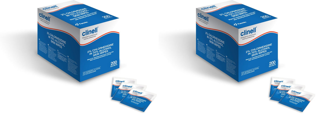 Clinell Skin Alcohol Wipes 200 Pack, Individually Wrapped - 2% Chlorhexidine & 70% Isopropyl Alcohol - Medical Cleansing Wipes - Hospital‑Grade, Latex‑Free & Dermatologically Tested