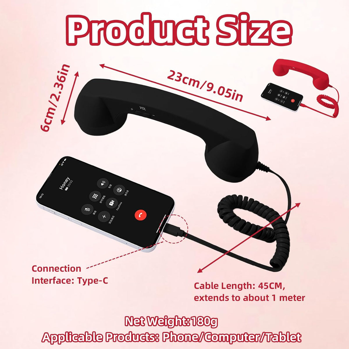 Retro Phone Handset for iPhone & Android, 2026 New Type-C Wired Receiver with Microphone & Speaker (2Pcs(Black and Red))