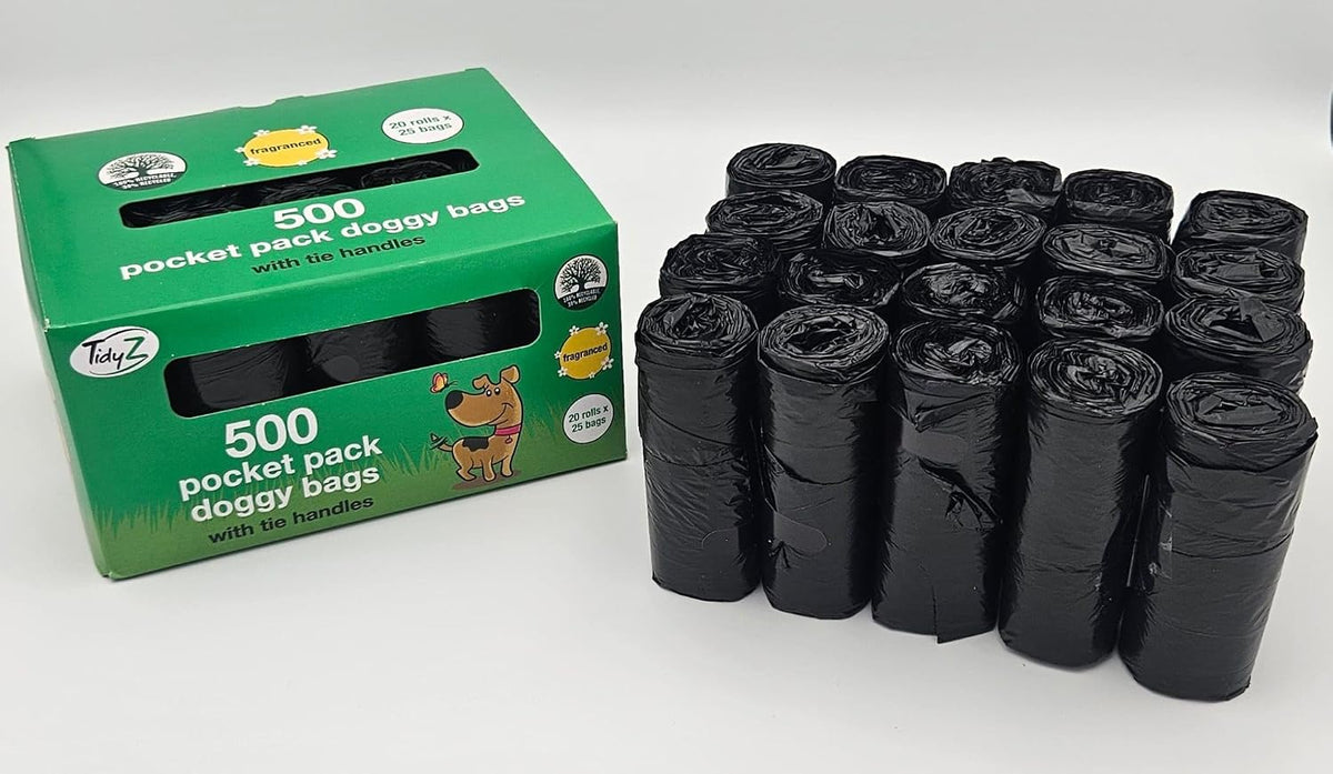 500 TidyZ Dog Poo Bags. Minimum 30% Recycled Plastic. Strong, Large Pet Waste Bags. Tie Handles, Individual Pocket Packs. Scented. Leakproof. 20 Rolls of 25 Bags