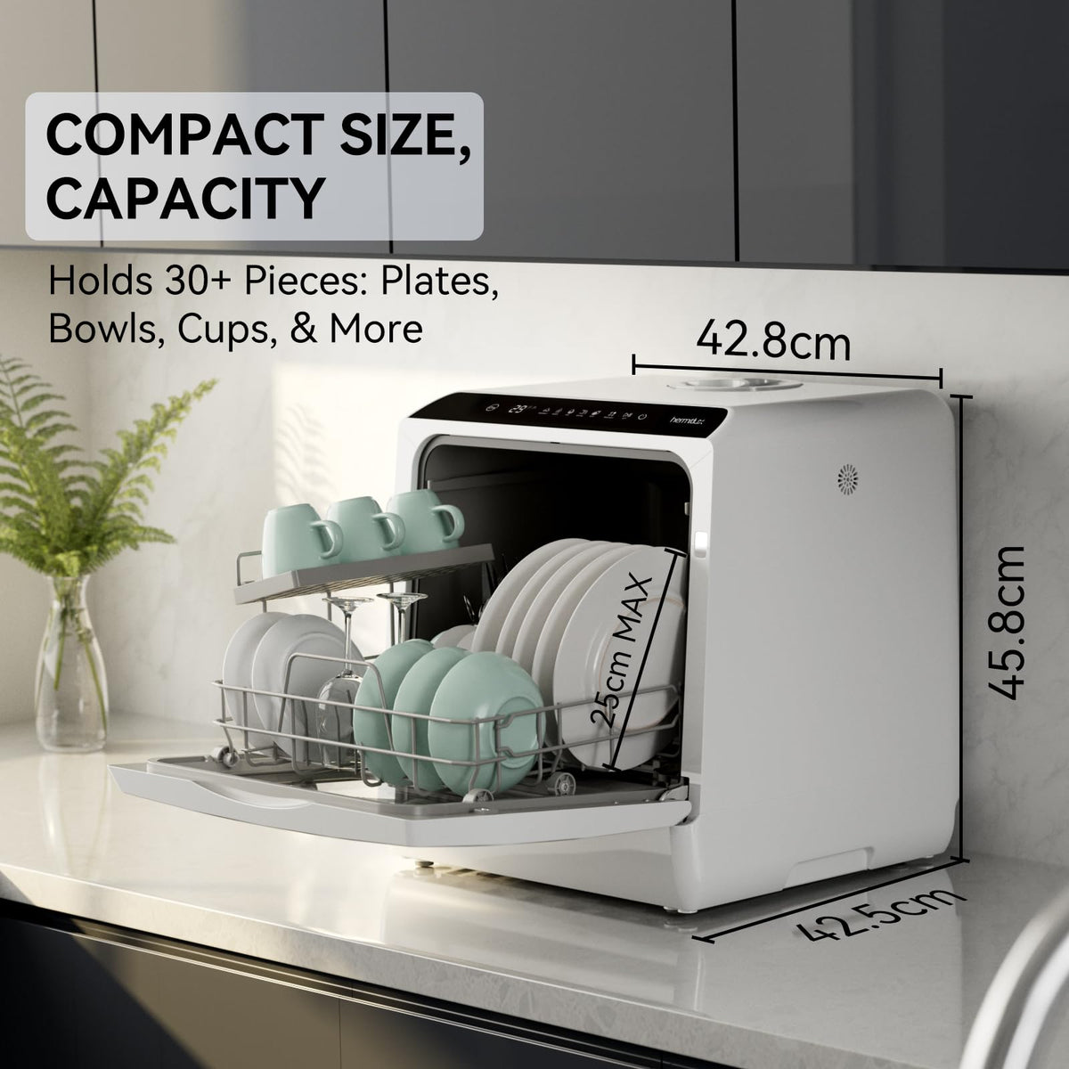 Hermitlux Table Top Dishwasher, Mini Countertop Dishwasher with 4 Place Settings, 5L Built-in Water Tank, 6 Programmes, Touch Control, Baby Care and Fruit Wash, White