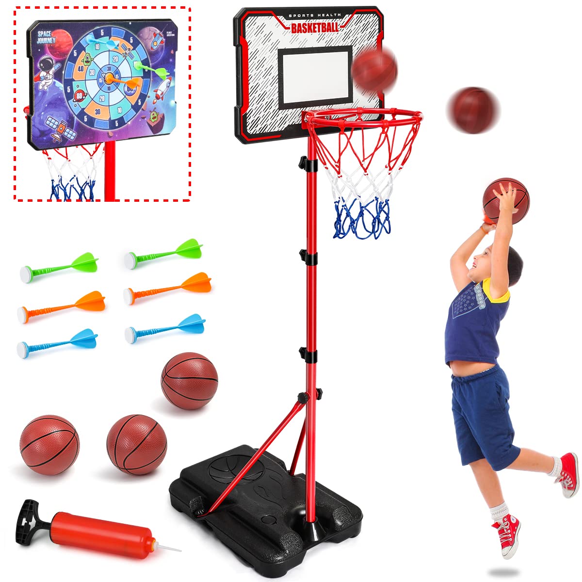 MELAND Kids Basketball Hoop Outdoor, 104-190cm Height Adjustable Stand with 3 Balls, Portable Indoor Outside Sports Toys, Birthday Gifts for 3-10 Year Old Boys Girls
