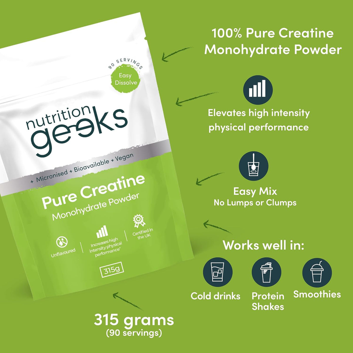 Pure Creatine Monohydrate Powder - 315g (90 Servings) - Easy Dissolve Creatine Powder, Unflavoured & Micronised (Not Creatine Gummies or Creatine Tablets), Vegan Creatine for Women and Men