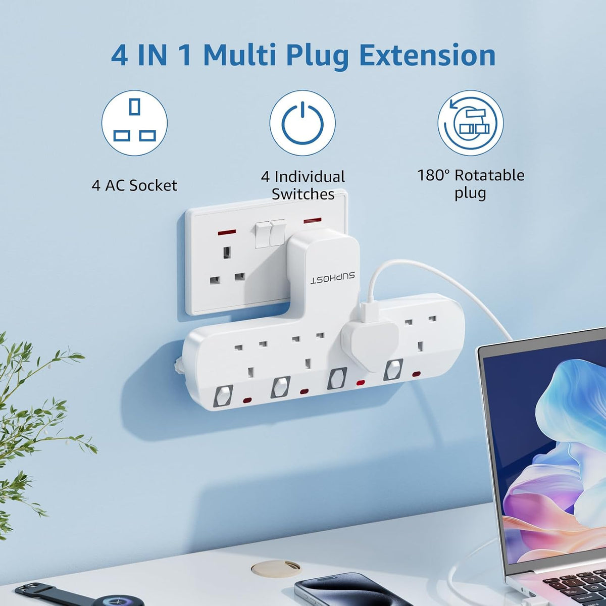 Plug Extension Socket, 4 Way Plug Adapter with 180 Degree Rotating UK Plug, 13A Fused Multi Plug Adaptor with 4 Independent Switches, Wall Socket Extension for Home Office Kitchen