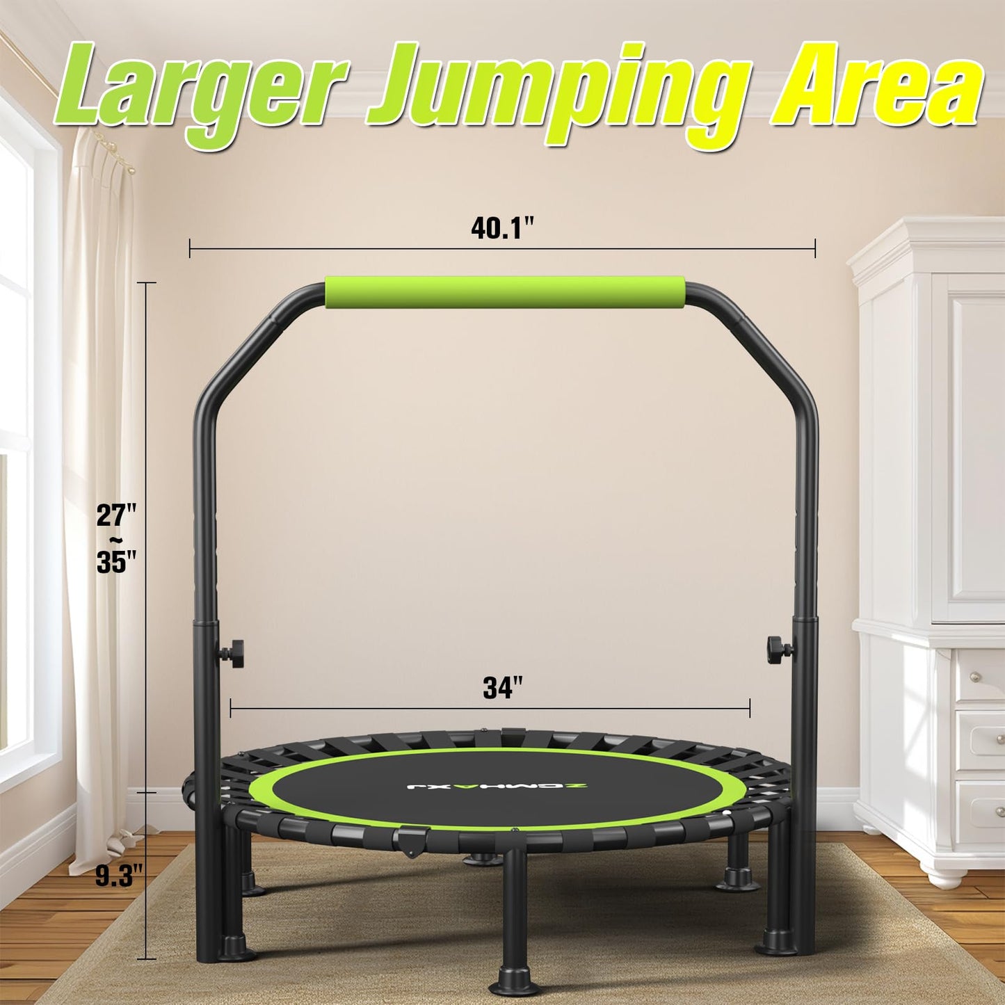ZCMHAXJ Foldable Mini Trampoline, 40" Rebounder Trampoline for Adults & Kids, 450lbs Capacity with/without U/T-Shaped Adjustable Bar, Indoor Fitness Workout Exercise Equipment