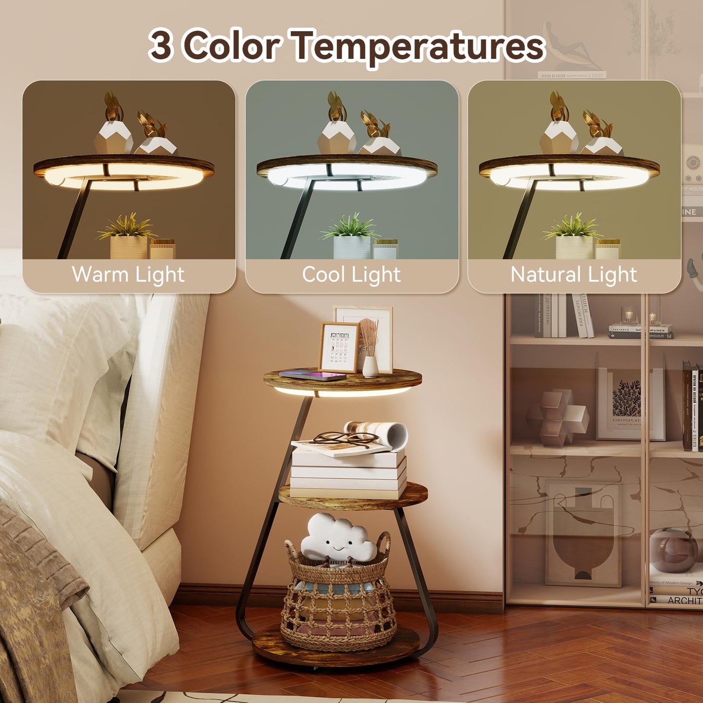 ARTETHYS Side Table, Small Round Coffee Table with 3 Color LED Lights, End Table with 3 Tier Storage Shelves, Bedside Sofa Side Tables for Living Room Bedroom, Rustic Brown