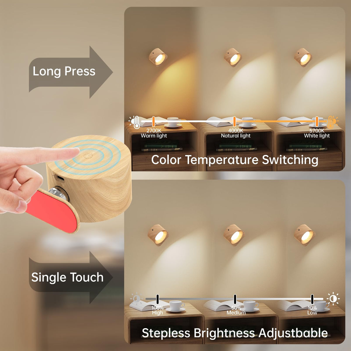 Coollamp LED Battery Operated Wall Lights, 3Pack Wall Lamp with Remote Control 3 Color Modes 3 Brightness Levels 360°Rotate Magnetic, Reading Lights for Living Room Bedroom Black