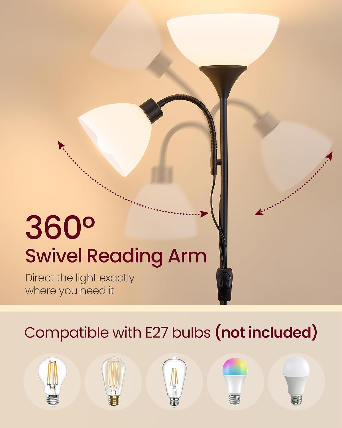VASAGLE LUSIA LED Floor Lamp, Uplighter, Reading Light, 38.5x23.5x176cm