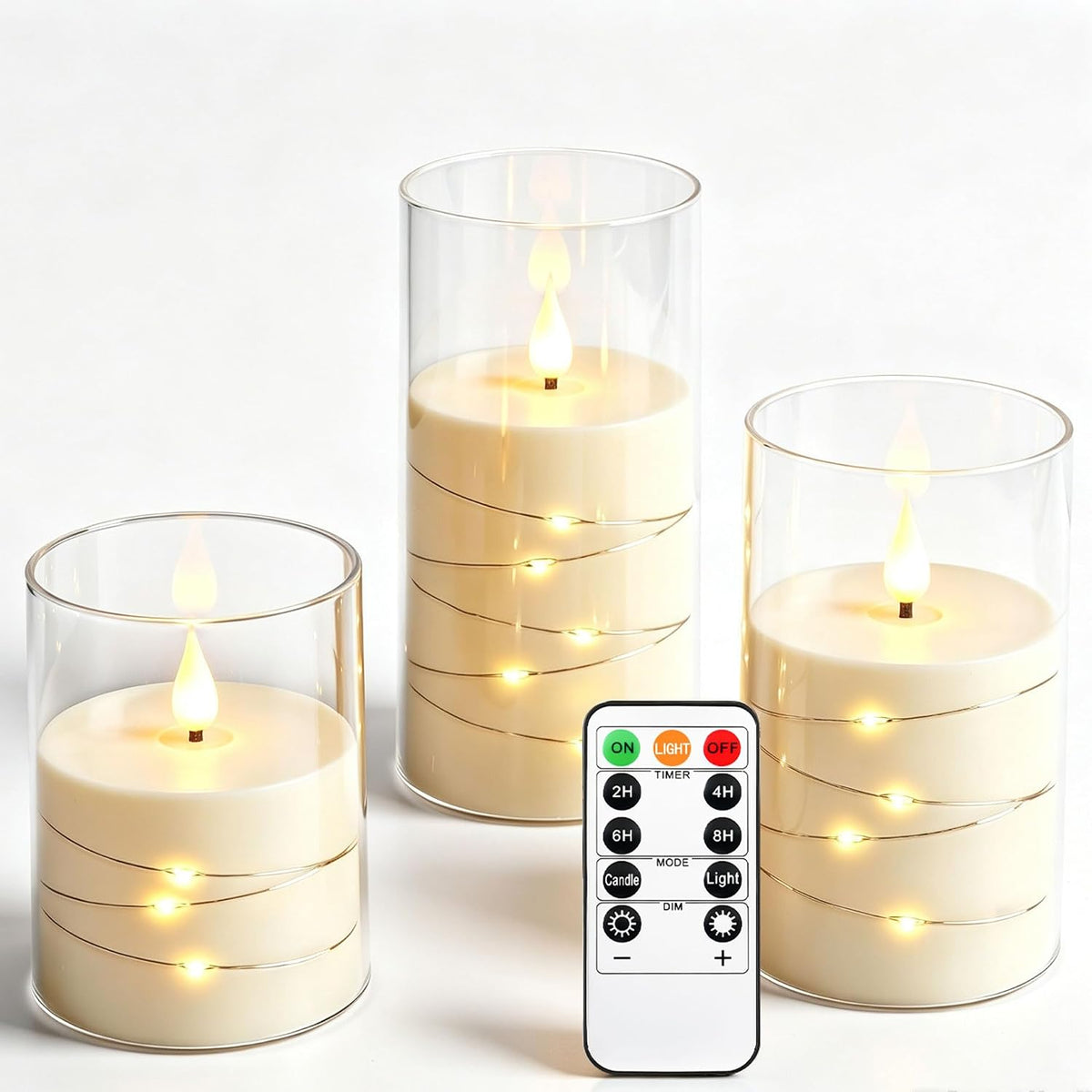 5 Pack Ivory Transparent Taper Candles, Black Wick Flickering Flameless LED Candles with Fairy Lights, Heat Resistant Reusable Plastic Candles, Remote Control, 14/14/16/18/20cm, Indoor Outdoor Decor